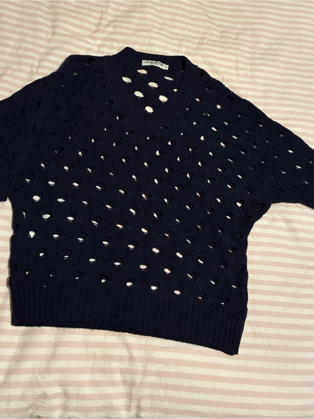 Navy Eyelet Knit V-Neck Sweater - Women